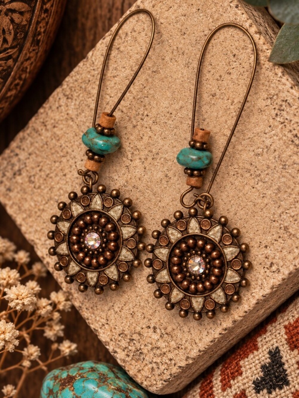 Boho Western Turquoise and Antique Gold Sunburst Drop Earrings New
